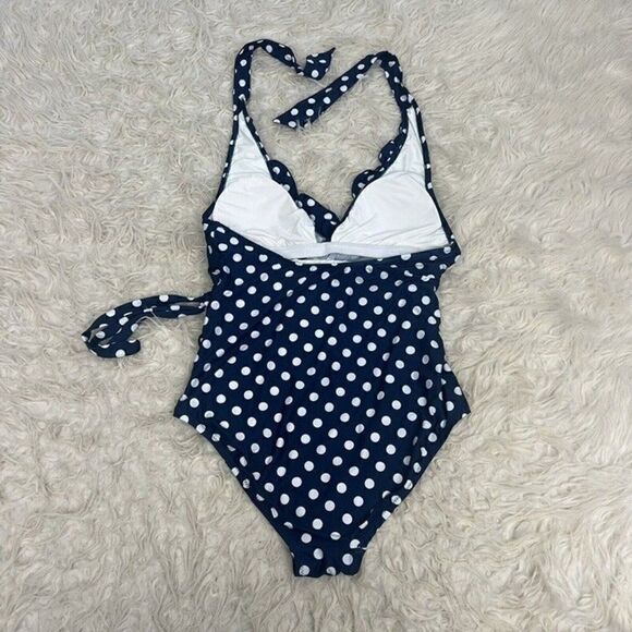 ModCloth NAVY POLKA DOT Reese Halter One-Piece Retro Swimsuit Size Large Pin Up - Picture 3 of 9